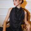 Black Satin Draped Evening Gown "Midnight Veil" DR303